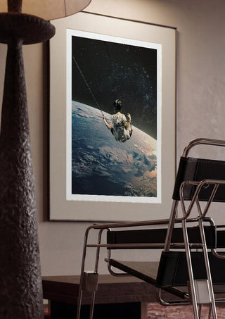 Swing by Fran Rodriguez framed in a dim room beside a tubular steel chair