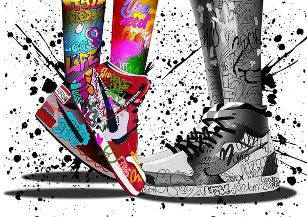 Colorful graffiti-style shoes and leggings by Danii Steinfeldt, with vibrant street art designs.