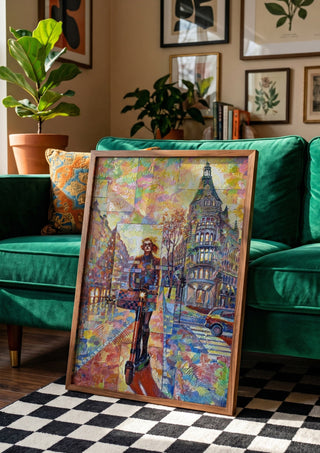 Elegans by Ramz Gadzh in a wooden frame leaning against a green velvet sofa on a chequered floor