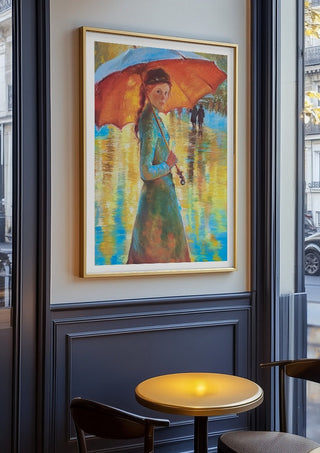 Woman with an Orange Umbrella by Mariia Nikolina in an oak frame on a panelled cafe wall