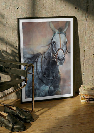 The Grey Horse by Mariia Nikolina in a black frame leaning against a concrete wall by a steel chair