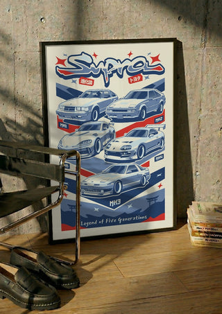 Toyota Supra Lineage by Kaminarirace in a black frame leaning against a concrete wall by a steel chair