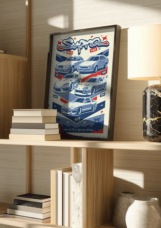 Toyota Supra Lineage by Kaminarirace in a dark frame on a wooden shelf beside books and a lamp