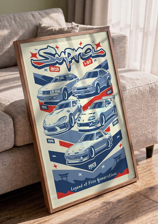 Toyota Supra Lineage by Kaminarirace in a walnut frame leaning against a grey sofa