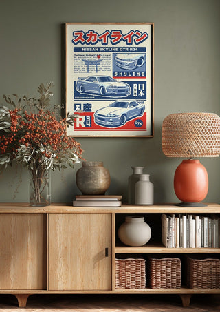 Nissan Skyline GT-R R34 by Kaminarirace above a wooden sideboard on a sage green wall