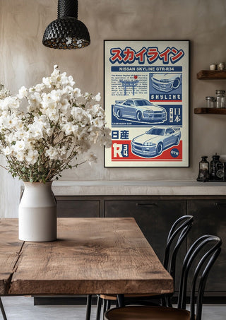 Nissan Skyline GT-R R34 by Kaminarirace in a black frame above a rustic table with white flowers