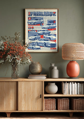 Nissan Fairlady Z Series by Kaminarirace above a wooden sideboard on a sage green wall