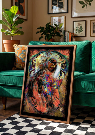 TogetherForever by Henrik Kock in a wooden frame leaning against a green velvet sofa on a chequered floor