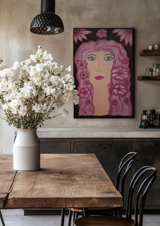Flower Power by Carmen Coduri in a black frame above a rustic table with white flowers