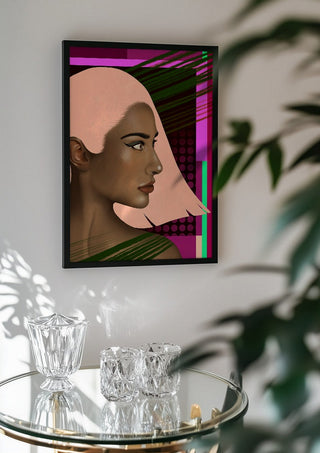 Electric Profile by Sabrina Rosenblatt in a black frame above a glass table with crystal glassware