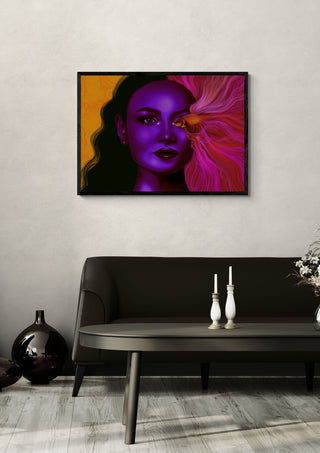 Where the Ocean Begins by Sabrina Rosenblatt in a black frame above a dark sofa with candlesticks