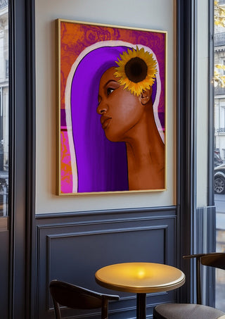 Golden Focus by Sabrina Rosenblatt in an oak frame on a panelled cafe wall