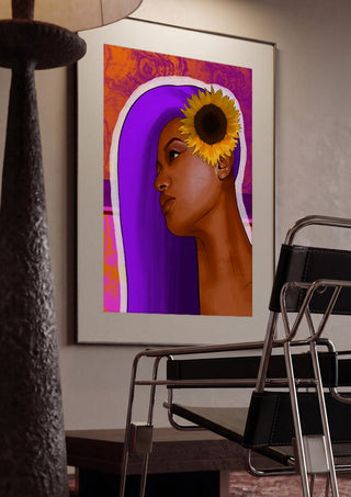 Golden Focus by Sabrina Rosenblatt framed in a dim room beside a tubular steel chair
