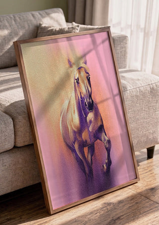 Wild by Sabrina Rosenblatt in a walnut frame leaning against a grey sofa