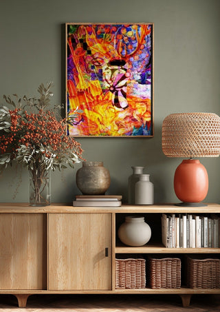 Diana by Carlos Enrique Gozalo Ara above a wooden sideboard on a sage green wall
