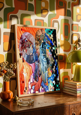 Draco by Carlos Enrique Gozalo Ara in a wooden frame on a sideboard against a retro patterned wall
