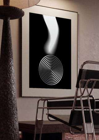 Echo by Aleksi Allan framed in a dim room beside a tubular steel chair