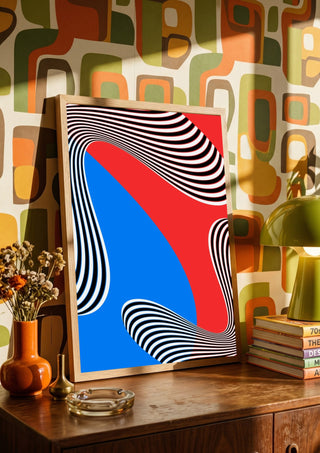 Stripes by Aleksi Allan in a wooden frame on a sideboard against a retro patterned wall