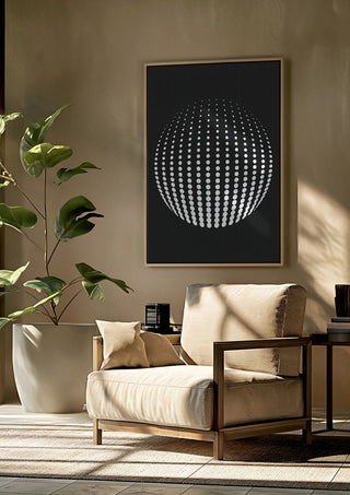 Bubbles by Aleksi Allan framed above a beige armchair beside a potted plant