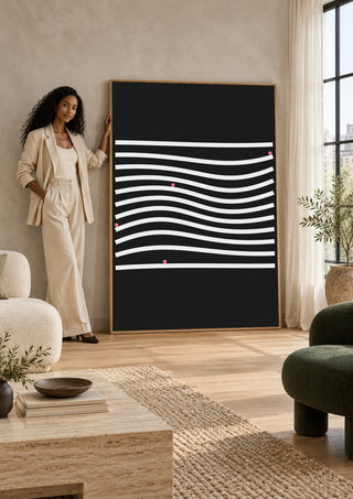 Marbels by Aleksi Allan in a tall wooden frame leaning against a wall in a sunlit room