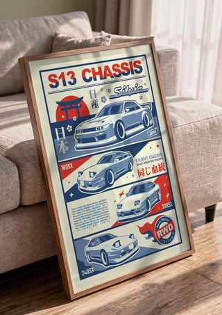 Nissan S13 Chassis by Kaminarirace in a walnut frame leaning against a grey sofa
