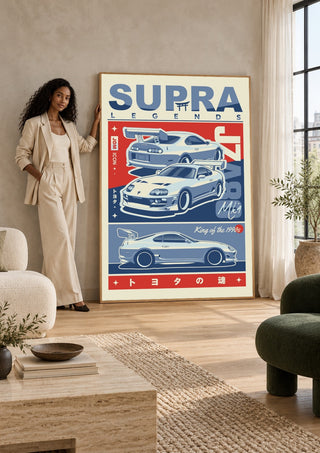 Toyota Supra MK4 by Kaminarirace in a tall wooden frame leaning against a wall in a sunlit room