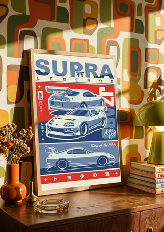 Toyota Supra MK4 by Kaminarirace in a wooden frame on a sideboard against a retro patterned wall