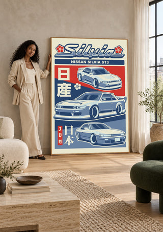 Nissan Silvia S13 by Kaminarirace in a tall wooden frame leaning against a wall in a sunlit room