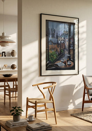 Rainy day by Dina in a black frame in a bright dining room with wooden chairs
