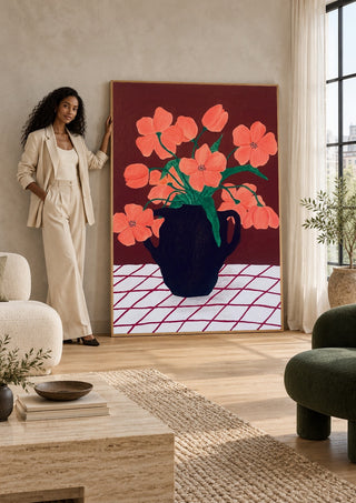 Rosa blomster på rutig duk by Rebecka Hansson in a tall wooden frame leaning against a wall in a sunlit room