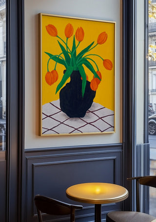 Orangea blomster i brun vas by Rebecka Hansson in an oak frame on a panelled café wall