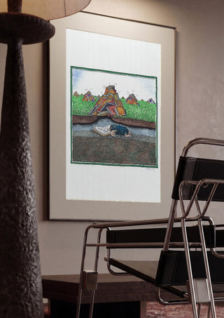 The Reading Mole by Waldemar Mandzel framed in a dim room beside a tubular steel chair