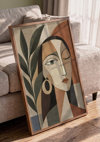Cubist Woman Portrait with Plant by TimlessArtworks in a walnut frame leaning against a grey sofa