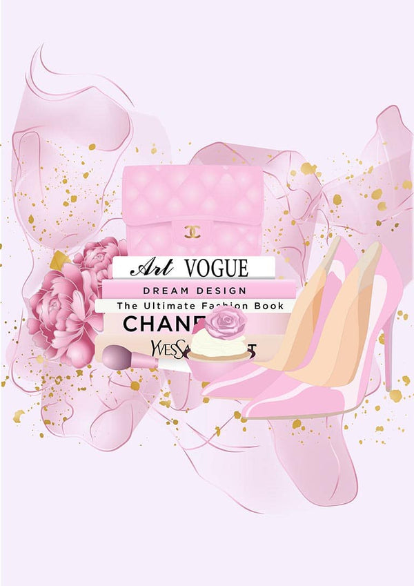Pink purse, heels, flowers, and fashion books with gold accents on a stylish Pink Fashion product page background.
