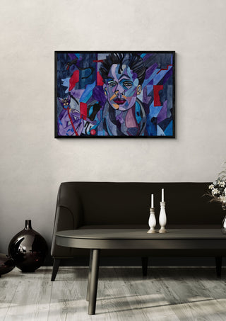 Ich kenne dich by Vera Louise Boldt in a black frame above a dark sofa with white candlesticks