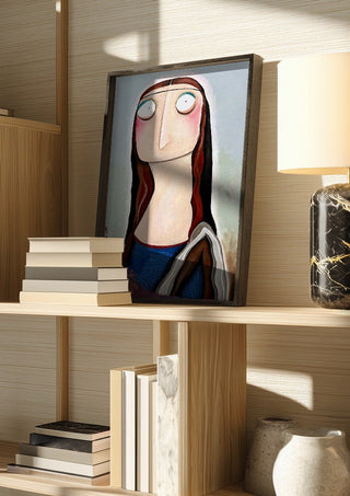 Mona Lisa by lacaluna in a dark frame on a wooden shelf beside books and a lamp