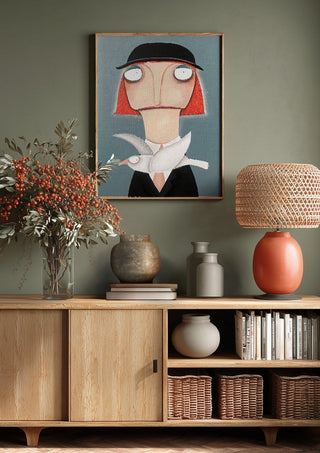 Malwines Strickmöwe by lacaluna above a wooden sideboard on a sage green wall