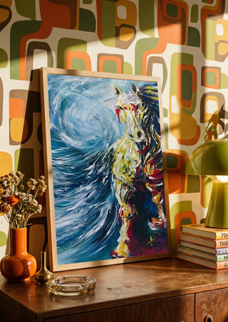 Undefined feeling by Tonia in a wooden frame on a sideboard against retro patterned wallpaper