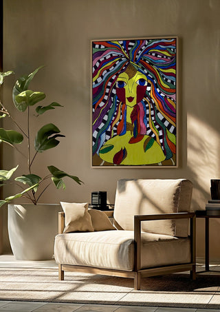 Kaleidoscopic Minds by Bibi framed above a beige armchair beside a potted plant