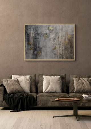 Letting go by Sabine Halbrock in an oak frame above a grey sofa with cushions