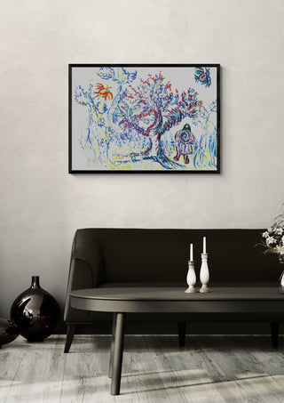 Under the Tree by Eva Hartman in a black frame above a dark sofa with white candlesticks