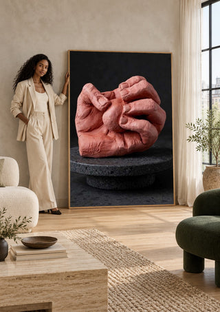 Hold Me - Terracotta Hands by Ammar leaning against a sunlit living room wall beside a woman
