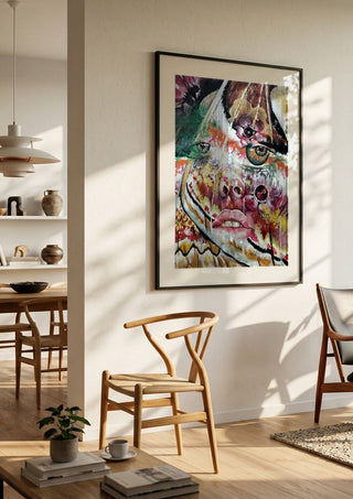 Butterfly Dream by Okiana in a black frame in a bright dining room with wooden chairs
