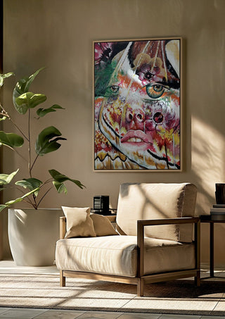 Butterfly Dream by Okiana framed above a beige armchair beside a potted plant
