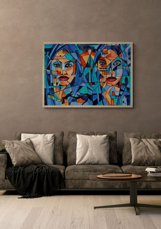 Daddy and his daughters by Vera Louise Boldt in an oak frame above a grey sofa with cushions