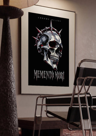 Memento Mori by Melancholy Machinations framed in a dim room beside a tubular steel chair
