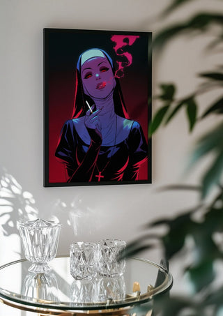 I don't care by Melancholy Machinations in a black frame above a glass table with crystal glassware