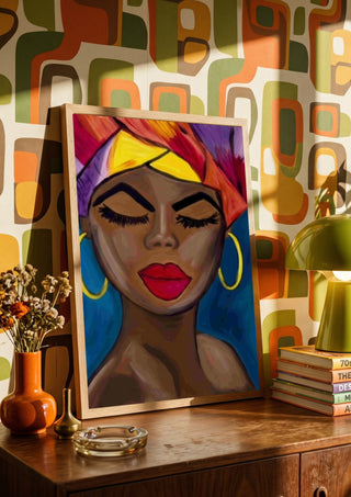 Crowned in color by Bibi in a wooden frame on a sideboard against retro patterned wallpaper