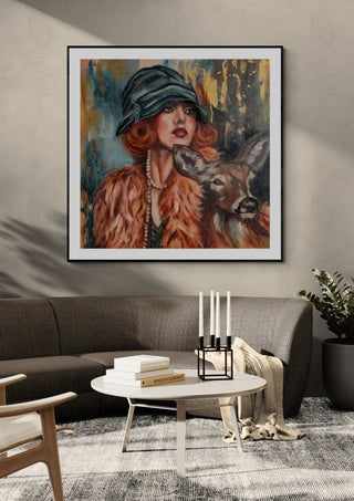 Vintage Harmony by Elisa Kay framed above a grey sofa with a round coffee table