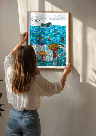 Jellyfish Sea by JHN.ByHjort being hung on a sunlit wall